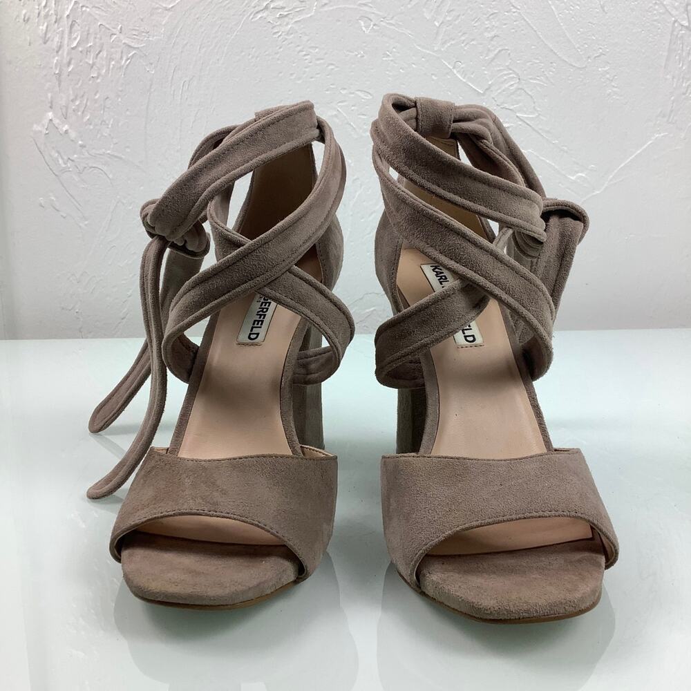 Karl Lagerfeld Racha Nude Suede Ankle tie Block heels warp sandals SZ 7.5M - Picture 12 of 12